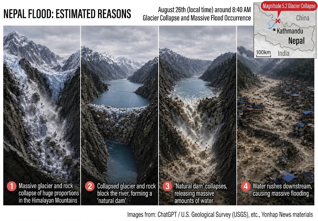 Illustration showing the estimated reasons for the Nepal flood on August 26th, with four stages: 1. Massive glacier and rock collapse in the Himalayas, 2. Formation of a natural dam from collapsed debris, 3. Collapse of the dam releasing water, 4. Resulting massive flooding in downstream areas.