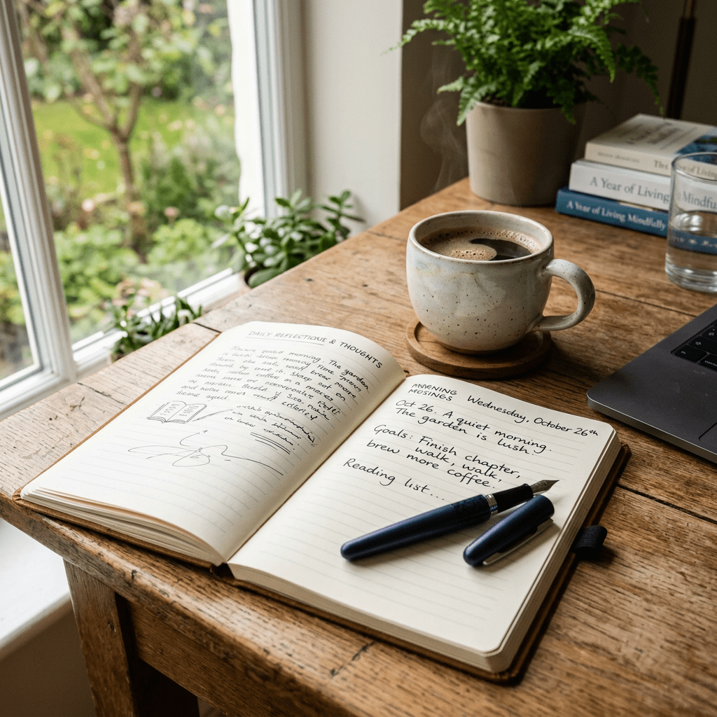 Open journal with handwritten notes, coffee, pens, laptop, books, and plants