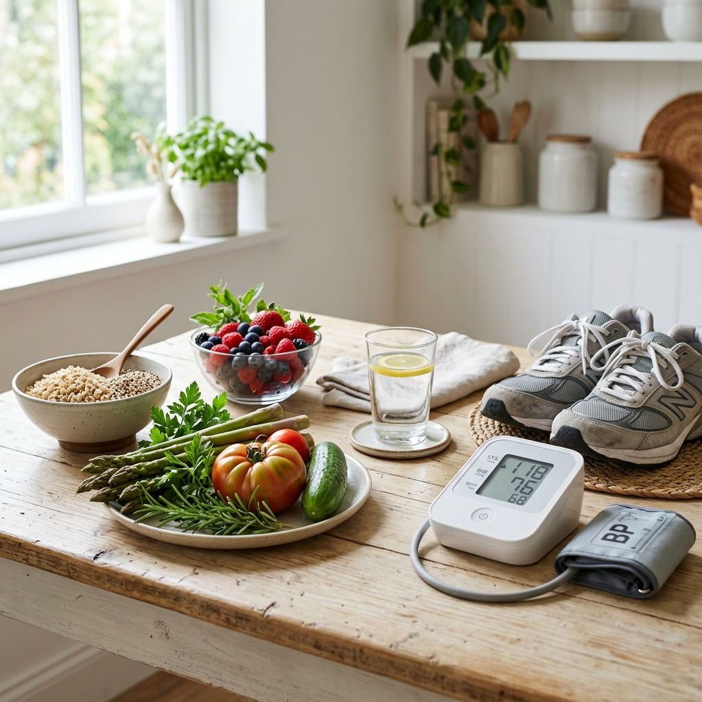Healthy foods, walking shoes, and blood pressure monitor on a wooden table
