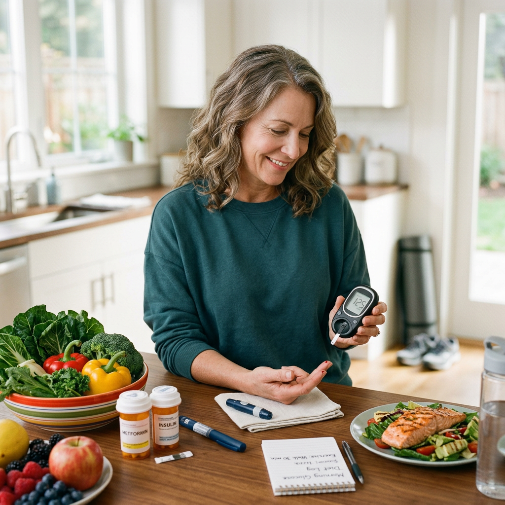 Woman checking blood glucose with meter beside metformin, insulin, vegetables, fruit, and salmon meal