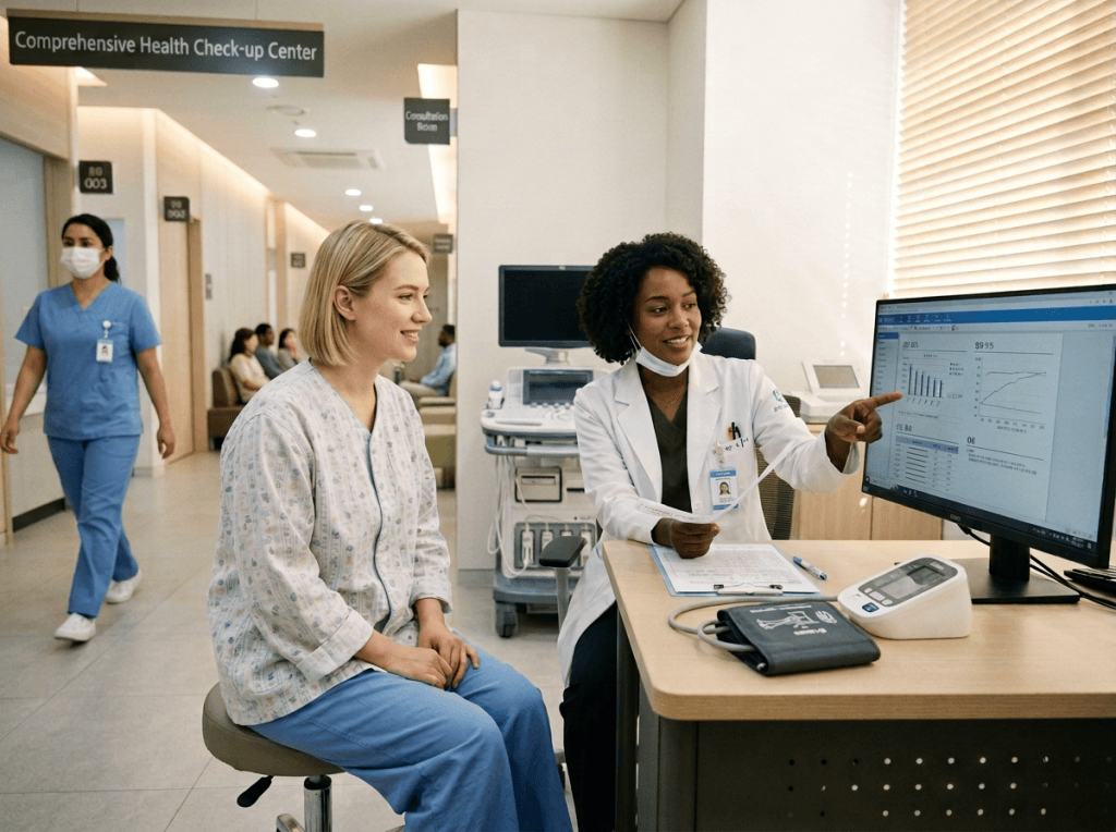 Clinician explaining health screening results to a seated patient